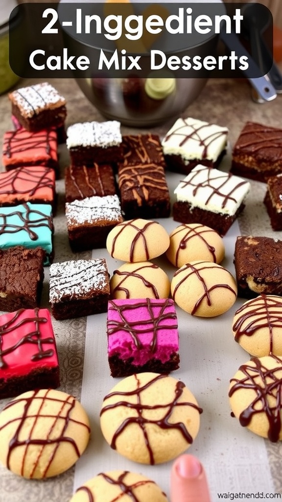 An assortment of brownies and cookies made from 2-ingredient cake mix, garnished with powdered sugar and chocolate sauce on a rustic kitchen countertop.